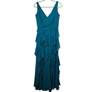 Badgley Mischka Dress Gown 100% Silk Teal Blue/Green Ruffled Sleeveless Woman 10